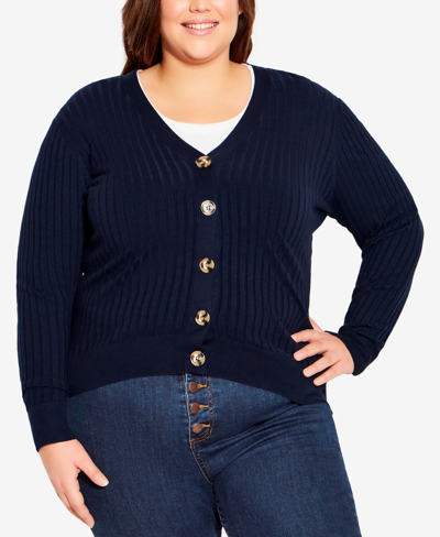 Shop Avenue Plus Size Ribbed Knit Button Cardigan Sweater In Navy
