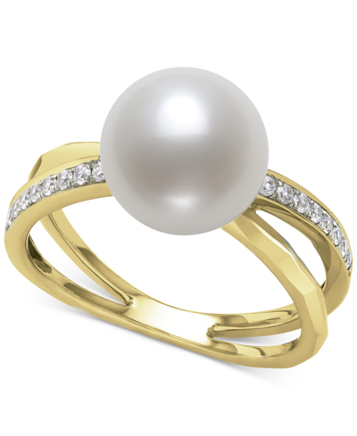 Shop Belle De Mer Cultured Freshwater Pearl (8mm) & Diamond (1/10 Ct. T.w.) Crisscross Ring In 14k White Gold, Created In Yellow Gold
