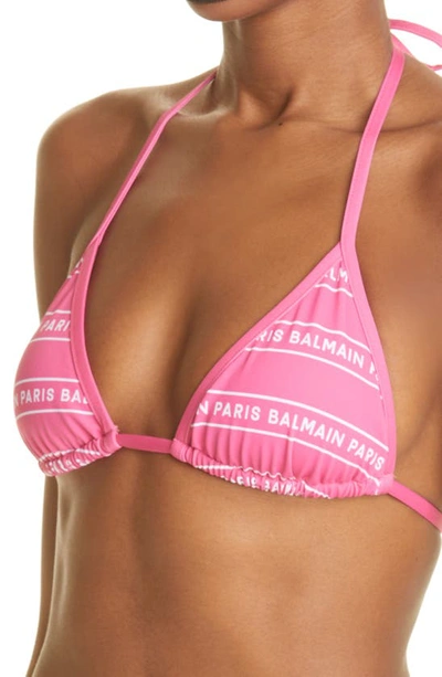 Shop Balmain Logo Stripe Two-piece Swimsuit In Pink White