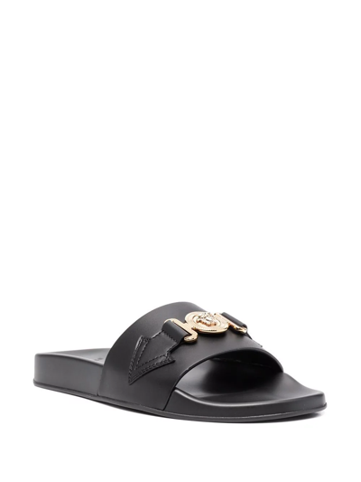 Shop Versace Logo-plaque Leather Sliders In Black