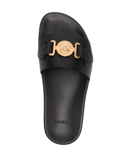 Shop Versace Logo-plaque Leather Sliders In Black