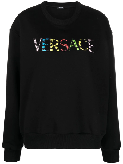 Shop Versace Embroidered Cotton Sweatshirt In Black