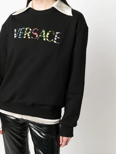Shop Versace Embroidered Cotton Sweatshirt In Black