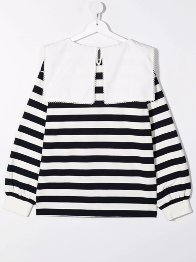 Douuod Teen Striped Bib-collar Long-sleeved Top In White