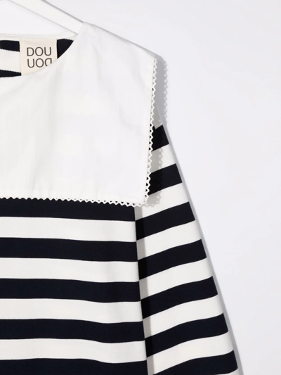 Douuod Teen Striped Bib-collar Long-sleeved Top In White