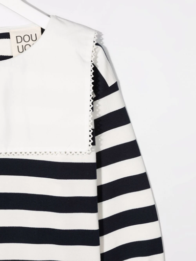 Douuod Teen Striped Bib-collar Long-sleeved Top In White
