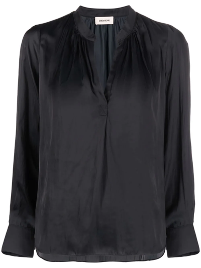 Shop Zadig & Voltaire Satin-finish V-neck Blouse In Black