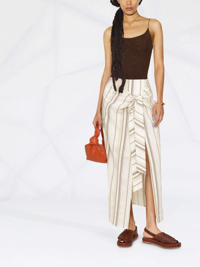 Brunello Cucinelli Striped Knot-front Cotton-linen Midi Skirt In Neutrals