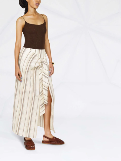 Brunello Cucinelli Striped Knot-front Cotton-linen Midi Skirt In Neutrals