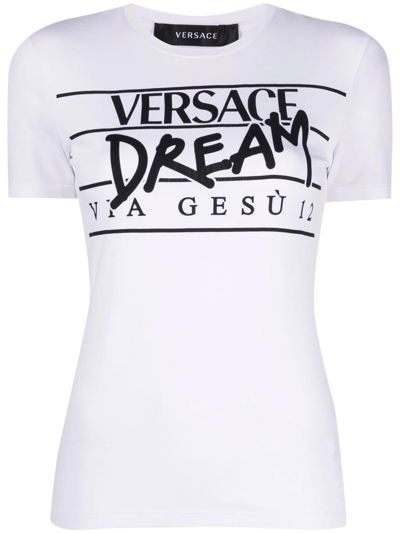 Shop Versace Slogan-print Round-neck T-shirt In White