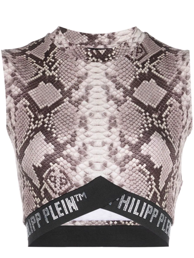 Shop Philipp Plein Snakeskin-print Cropped Tank Top In Brown