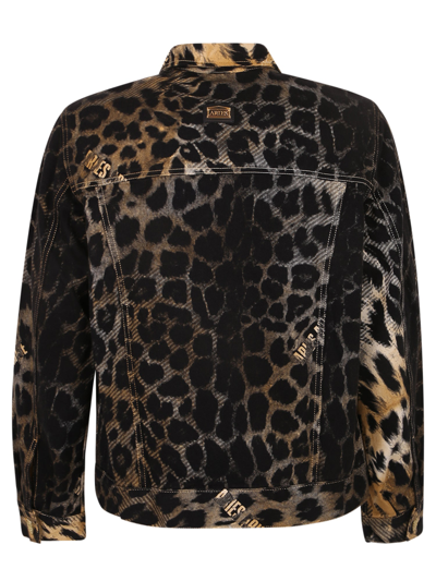 Shop Aries Zip Denim Leopard Jacket In Beige