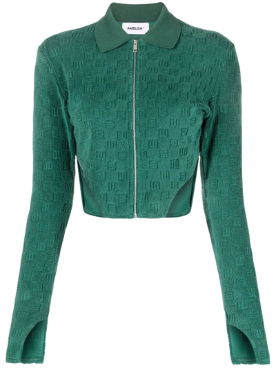Shop Ambush Monogram Jacquard Zip-up Fitted Top In Green