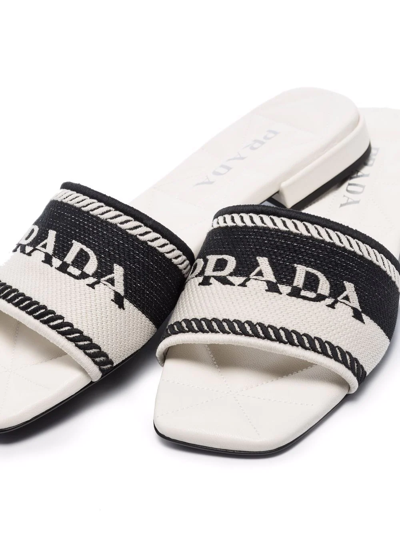 Shop Prada Logo Jacquard-knit Slides In Weiss