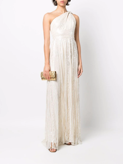 Shop Elie Saab One-shoulder Embroidered Long Dress In White