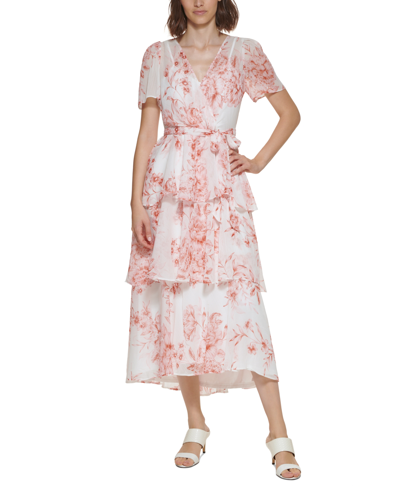 Shop Calvin Klein Petite Tiered-hem Midi Dress In Blush Multi