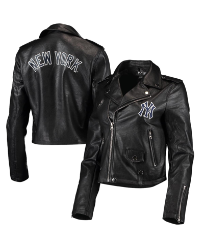 Shop The Wild Collective Women's  Black New York Yankees Faux Leather Moto Full-zip Jacket