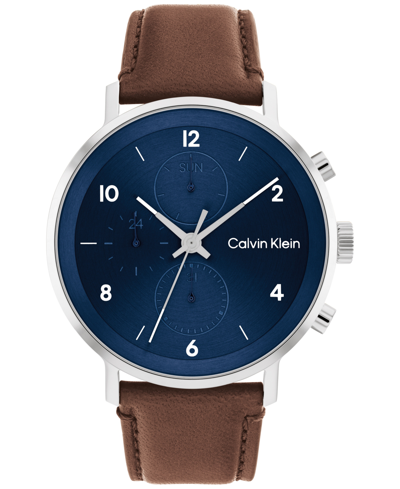 Shop Calvin Klein Brown Leather Strap Watch 44mm