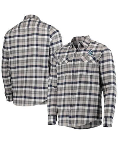 Shop Antigua Men's  Deep Sea Blue, Gray Seattle Kraken Ease Plaid Button-up Long Sleeve Shirt In Deep Sea Blue/gray