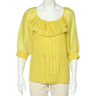 Pre-owned Oscar De La Renta Yellow Silk Organza Ruffle Detail Sheer Top L