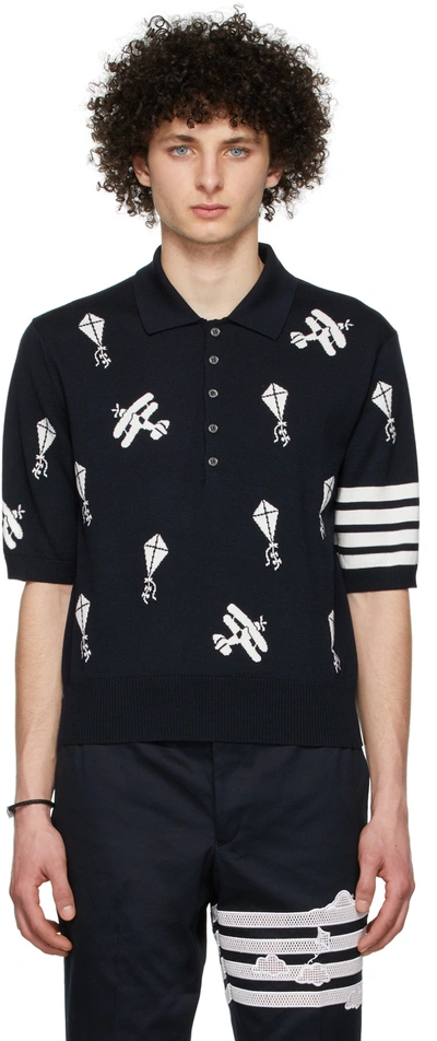Shop Thom Browne Navy 4-bar Sky Icons Polo In 415 Navy
