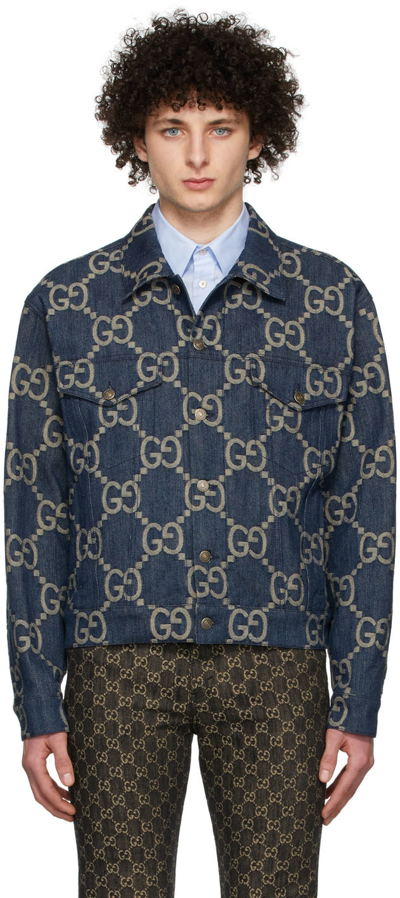Shop Gucci Navy Musixmatch Edition '22,705' Pineapple Denim Jacket In 4492 Blue/ivory