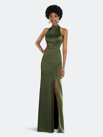 Shop Lovely High Neck Backless Maxi Dress With Slim Belt In Green