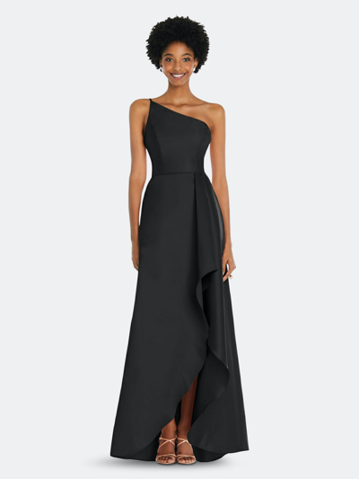 Shop Alfred Sung One-shoulder Satin Gown With Draped Front Slit And Pockets In Black