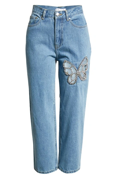 Area Crystal Cutout Butterfly High Waist Crop Straight Leg Jeans In Light Blue
