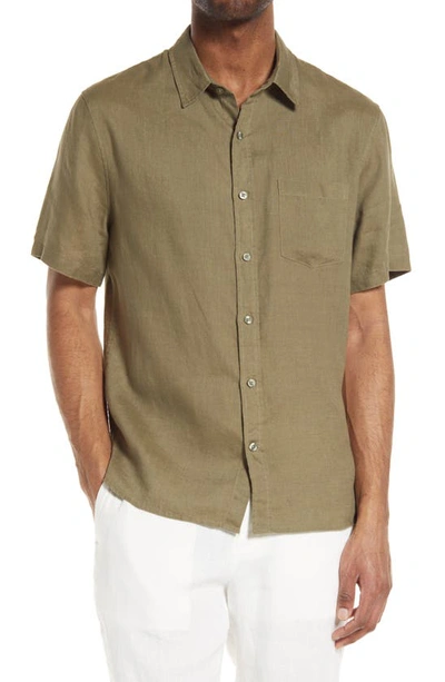 Shop Vince Classic Fit Short Sleeve Linen Shirt In Feathergrass