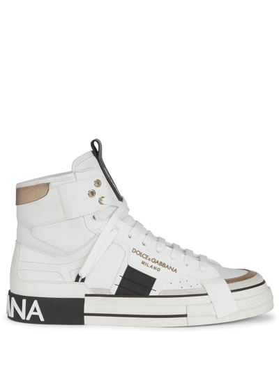 Dolce & Gabbana Calfskin 2.zero Custom High-top Sneakers With Contrasting Details In Bianco