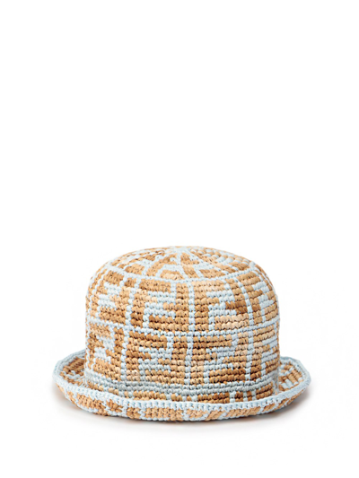Shop Fendi `ff` Bucket Raffia Hat In Blu