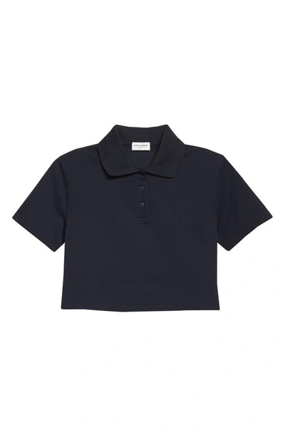 Shop Saint Laurent Embroidered Monogram Crop Organic Cotton Piqué Polo In Marine