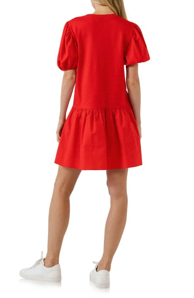 English Factory Puff Shoulder Mixed Media Minidress In Red