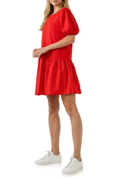 English Factory Puff Shoulder Mixed Media Minidress In Red