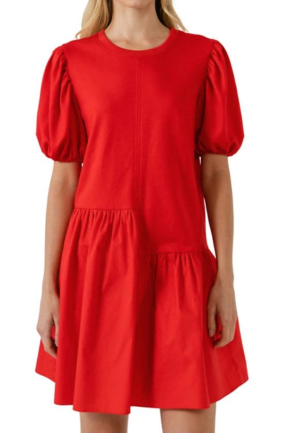 English Factory Puff Shoulder Mixed Media Minidress In Red