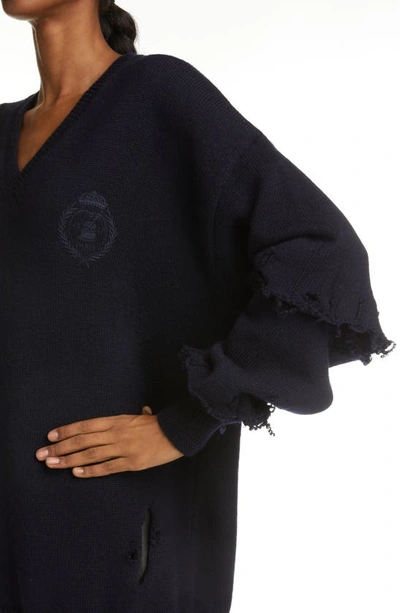 Shop Balenciaga Destroyed V-neck Sweater In Navy W