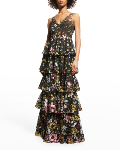 Shop Marchesa Notte Tiered Floral-embroidered Tulle Gown In Black