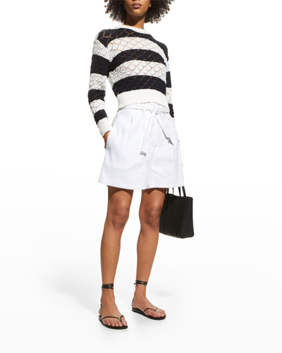 Shop Milly Striped Cropped Pointelle Pullover In Ecrunavy