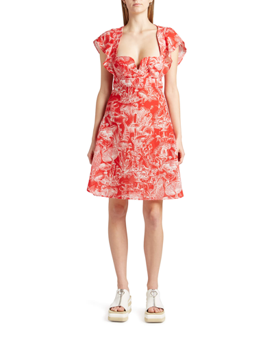 Shop Stella Mccartney Mushroom-print Cap-sleeve Mini Dress In 6503 Lava Red