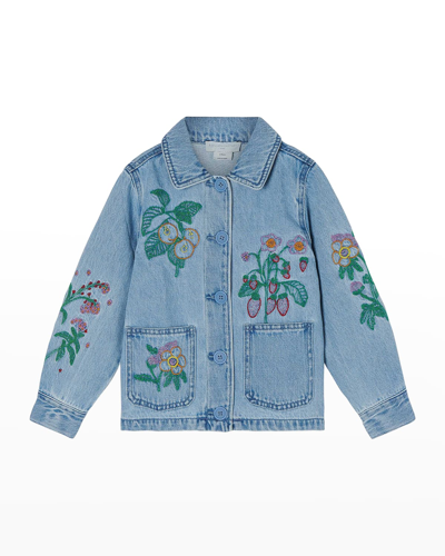 Shop Stella Mccartney Girl's Denim Jacket W/ Floral Embroidery In 606 Denim