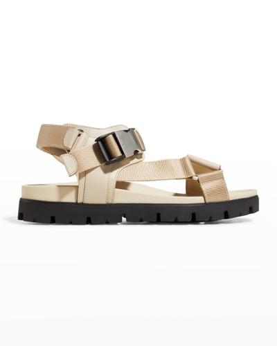 Shop Prada Men's Sporty Leather & Nylon Tape Strap Sandals In Deserto