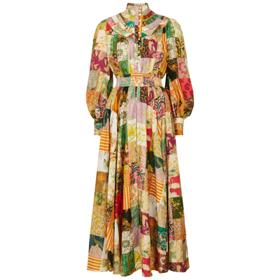 Shop Alemais Hattie Patchwork Cotton And Silk-blend Midi Dress In Multicoloured