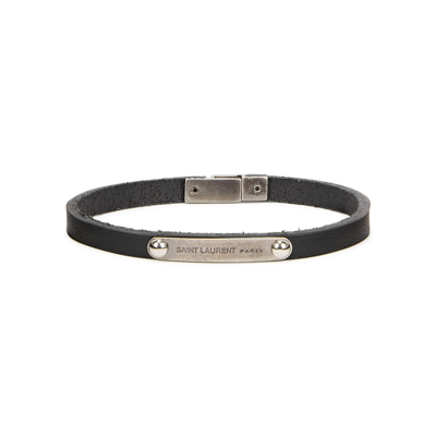 Saint Laurent Black Leather Id Plaque Bracelet In Black