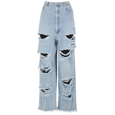Natasha Zinko Pixel Heart Light Blue Distressed Wide-leg Jeans | ModeSens