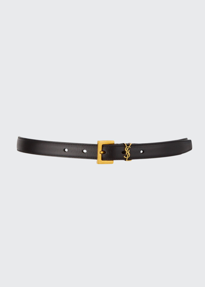 Shop Saint Laurent Ysl Monogram Leather Belt In Black Gold