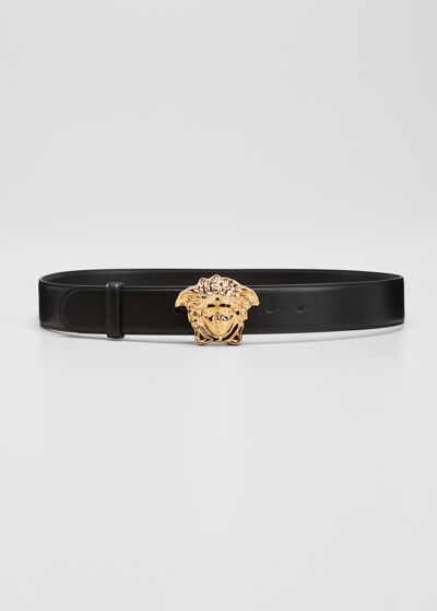 Shop Versace La Medusa Buckle Leather Belt In Black Gold