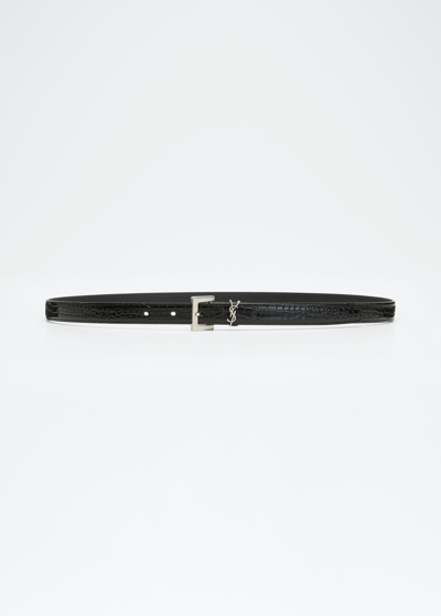 Shop Saint Laurent Ysl Moc-croc Skinny Belt In Black