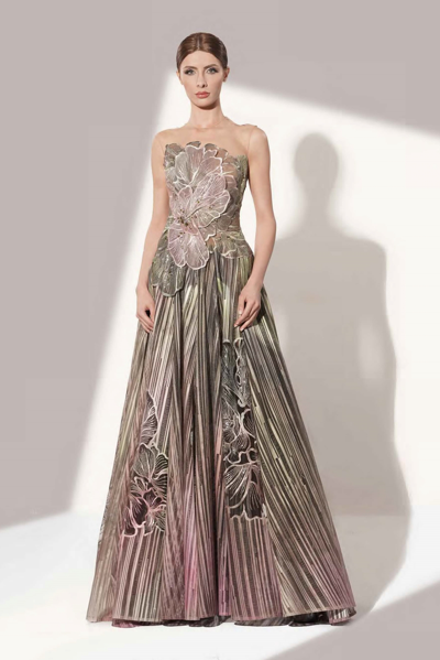 Shop Jean Fares Couture A-line Striped Gown