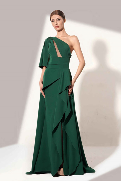 Shop Jean Fares Couture Green One Shoulder Gown